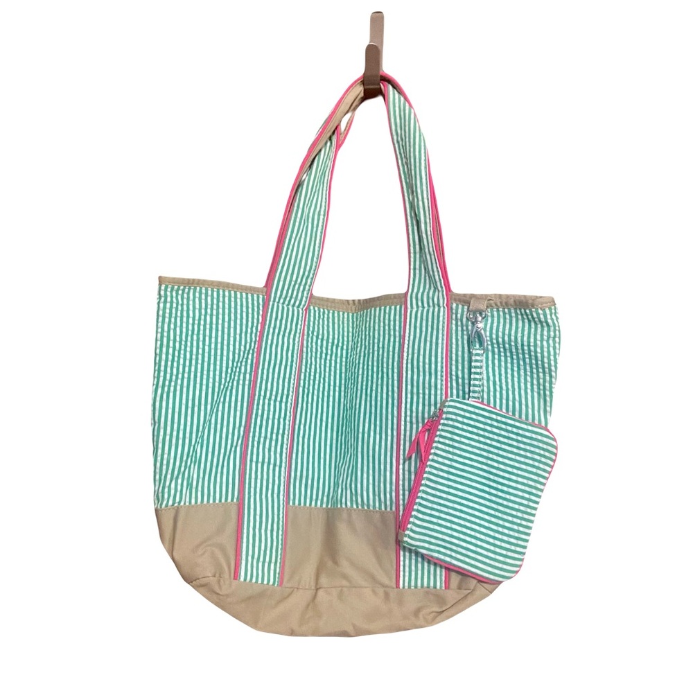 Bath & Body Works Green and Tan Striped Tote with Pouch